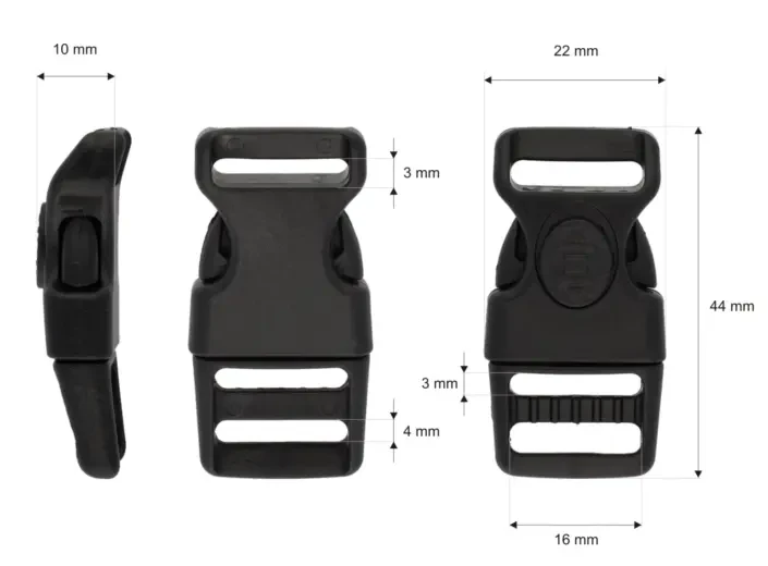Klamra plastikowa 16mm x 44mm Czarno/Czarna 3 blokada 10szt